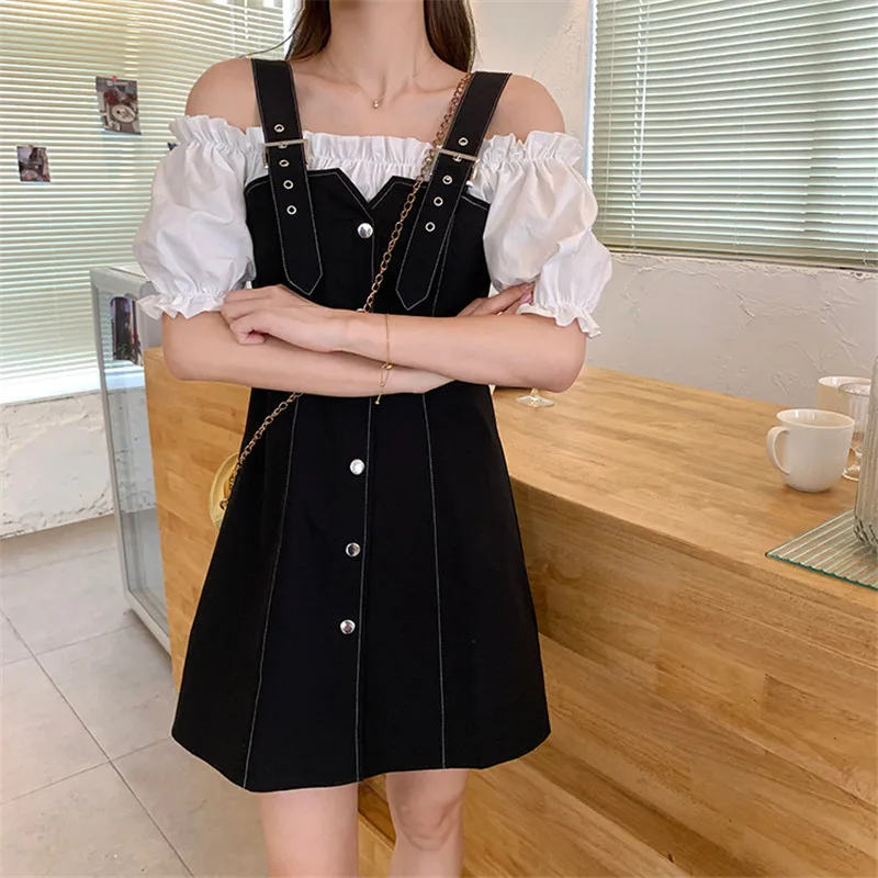

Off shoulder strap cotton summer dresses Women fake 2pcs short dress white and black holiday loose off shoulder mini dresses