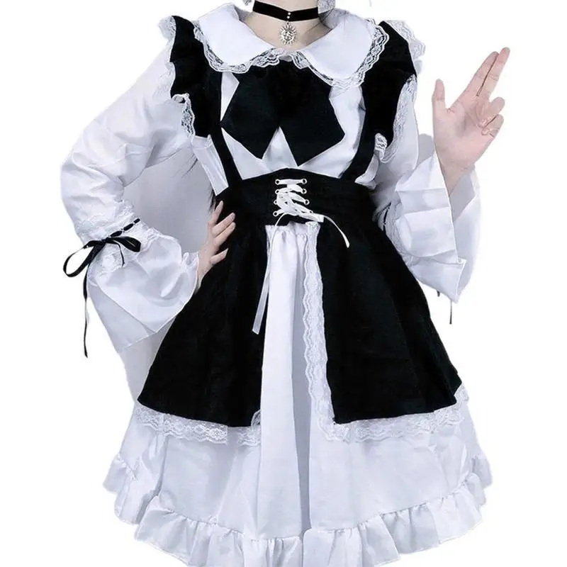 

Fashion Japanese Women Maid Outfit Long Dress Black Dress Cafe Apron Costume Cosplay Costume White And F8e1
