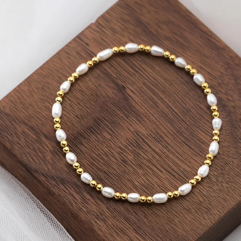 

A00908 925 Sterling Silver Golden Beads Natural Baroque Pearl Charm Handmade Bracelet for Women Wedding Fashion Jewelry