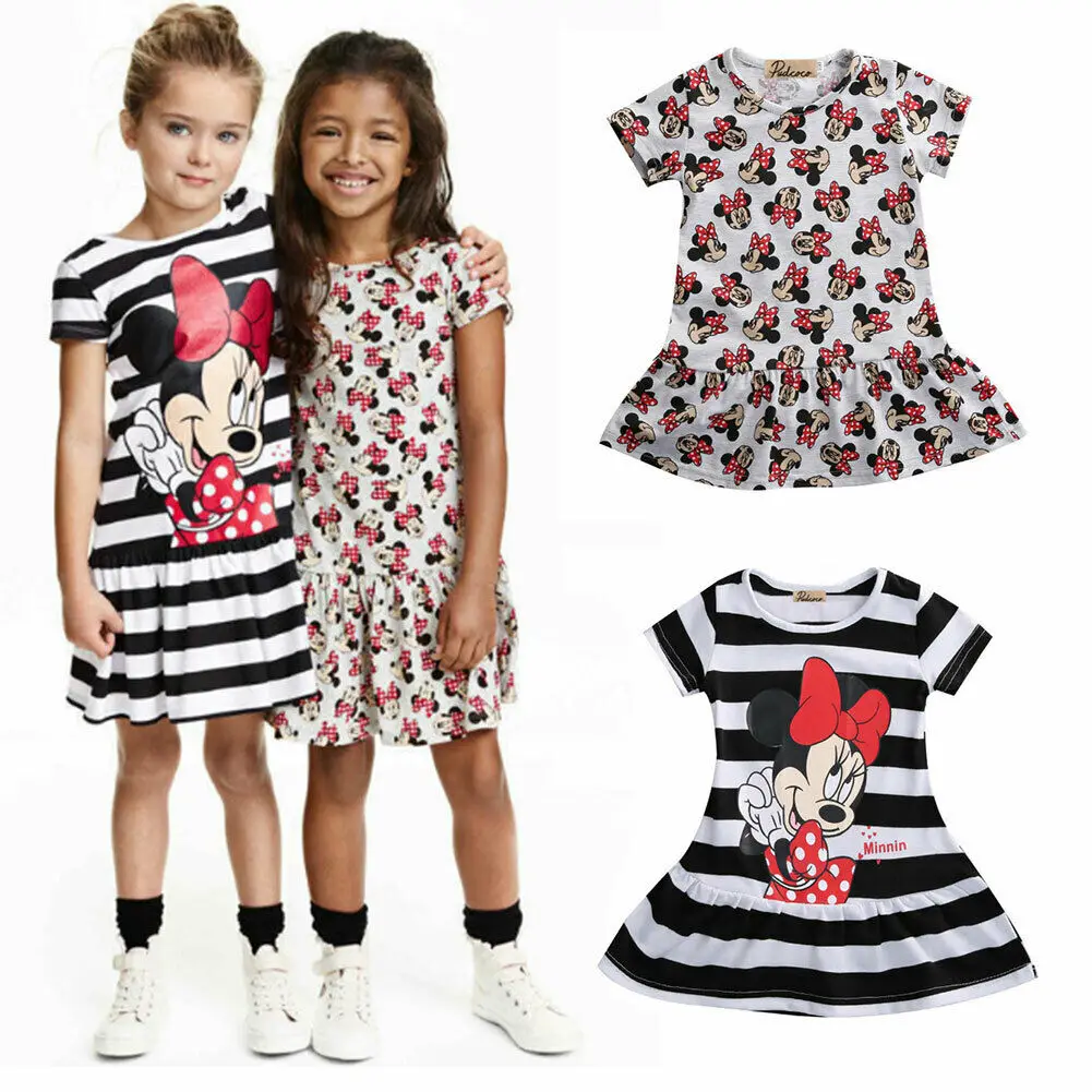 Toddler Baby Girls Dress Cartoon Summer Minnie Mouse Striped Short Sleeve Princess Casual For Girls Enfant Garments Clothing