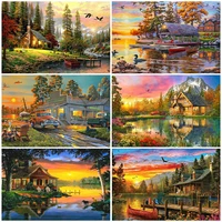 diy 5d full diamond embroidery scenery mosaic diamond painting lakeside small country sunset furniture decoration hobby gift