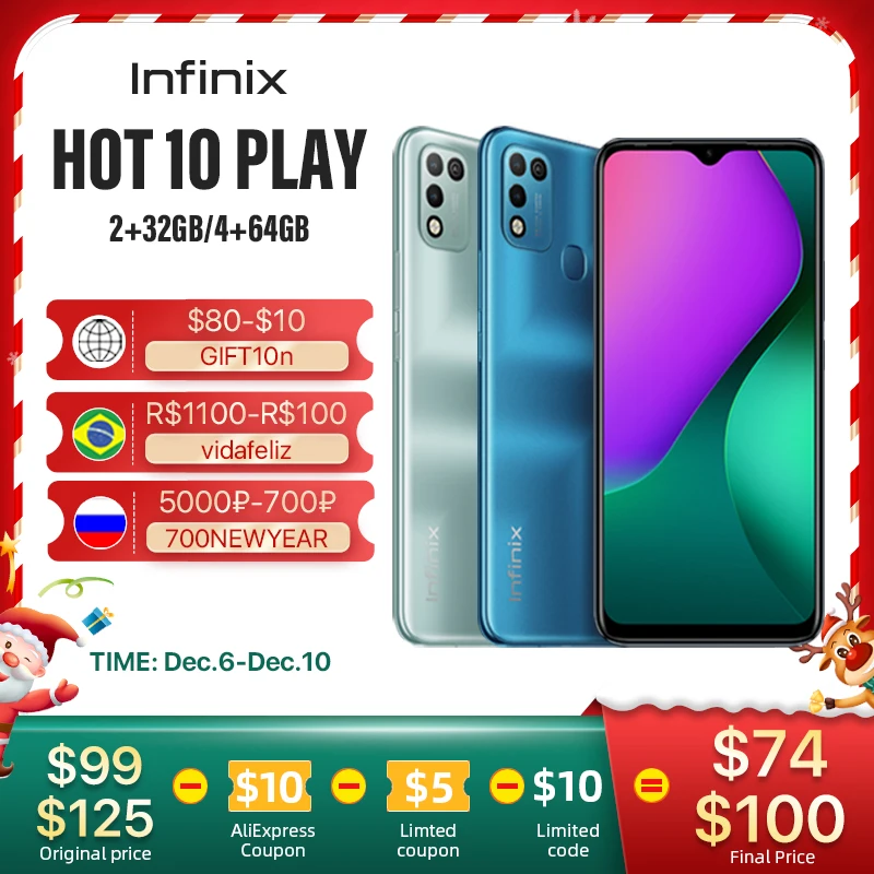 

Оригинальный смартфон Infinix HOT 10 PLAY, 2 ГБ + 32 ГБ/4 Гб + 64 ГБ, дисплей 6,82 дюйма HD +, телефон Helio G35, 6000 мАч
