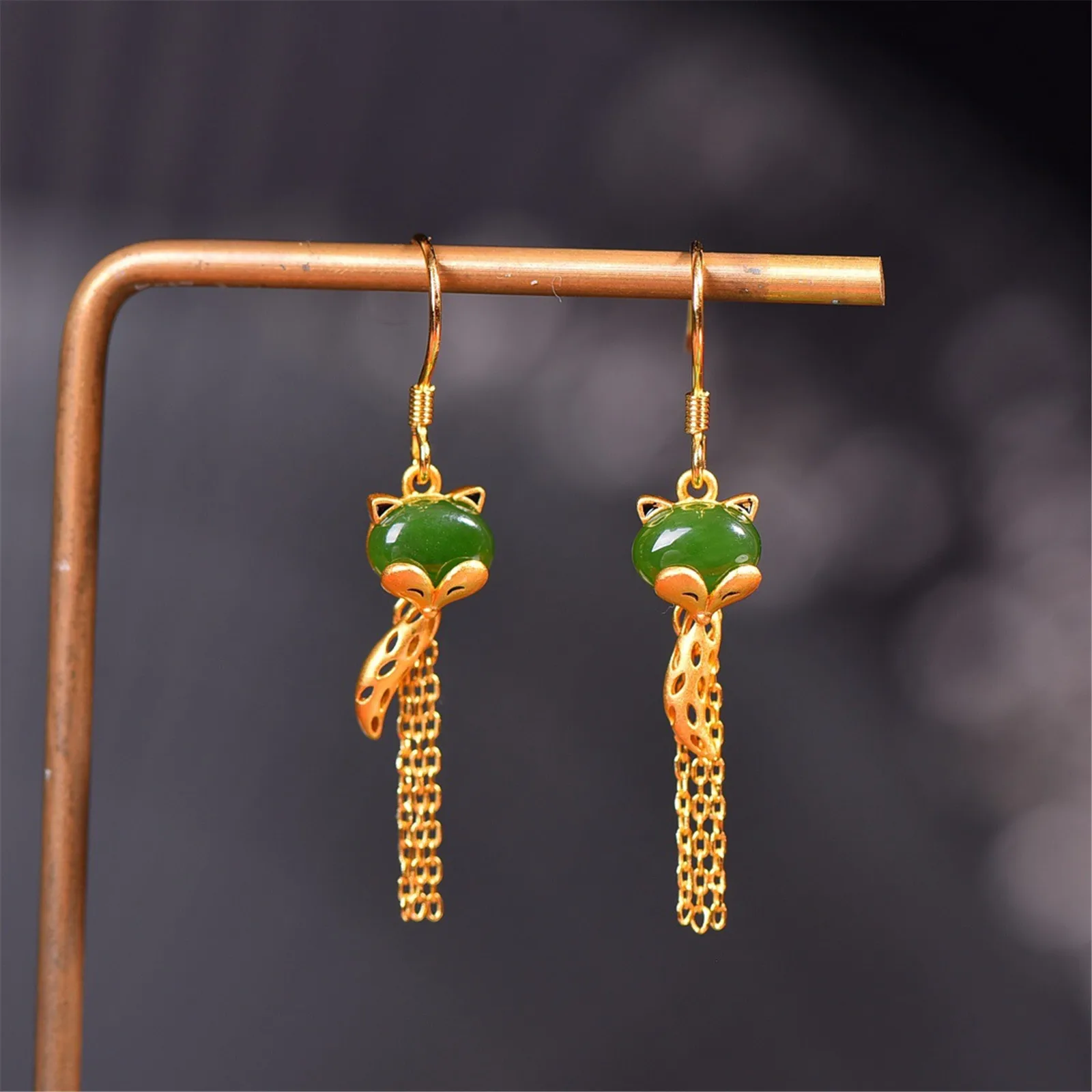 

Natural Hetian Green Jade Fox Earrings for Women Sterling 925 Silver Gold Gilding Chinese Traditional Style Hoop Drop Ear Trendy