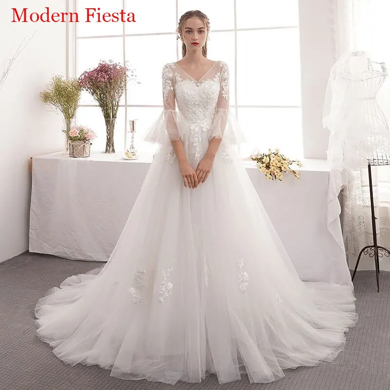 

New Style Lace Appliques V-neck Wedding Dress Vestido De Novia Bride To Be Robe De Mariée suknia ślubna MF0191