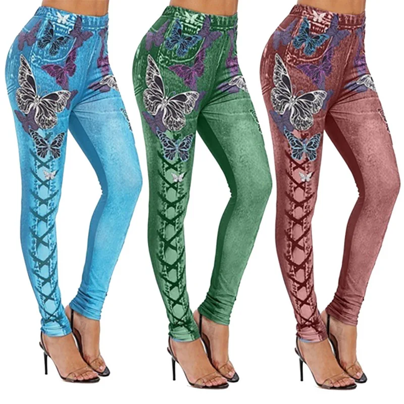 

New Faux Jeans Leggings Women Stretch Printed Short Leggins Plus Size Long Pants Summer Breeches High Waist Jeggings