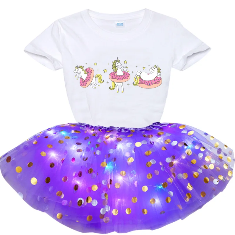 Kids Girls Dress Dresses Baptism Kids Baby Girls Birthday Dress Princess Dress Cartoon Print Pony T Shirt+Glowing Skirts Sets