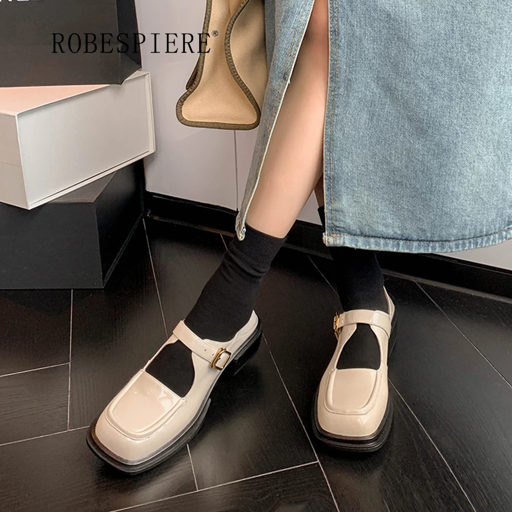 

ROBESPIERE-Square Toe Retro Women's Pumps 2022 Spring And Autumn One Word Buckle Single Shoes Leather Thick Bottom Loafers-A232