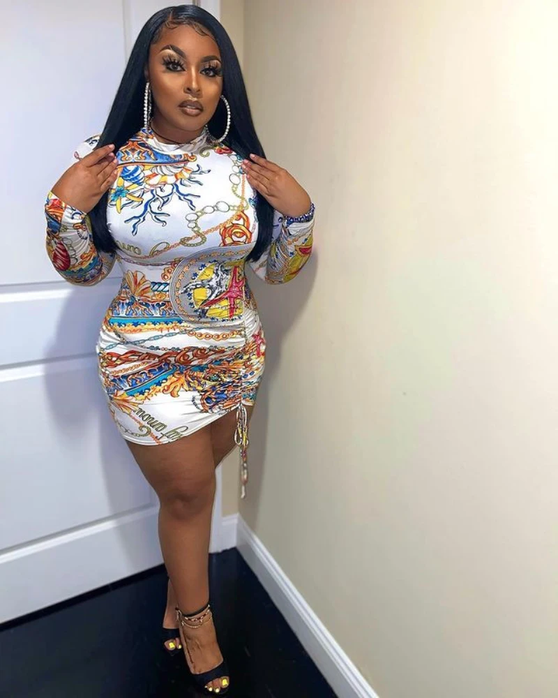 

Plus Size Women Autumn Fashion Digital Printing Bandage Dress Sexy Club Long Sleeve Pleated Mini Dresses For Women