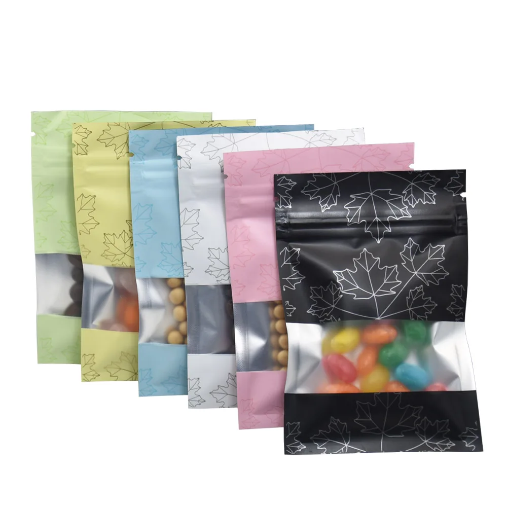 

1000Pcs Maple Leaf Aluminum Foil Zip Lock Tear Notch Package Bag with Clear Window Self Sealing Retail Storage Bag Sugar Nuts