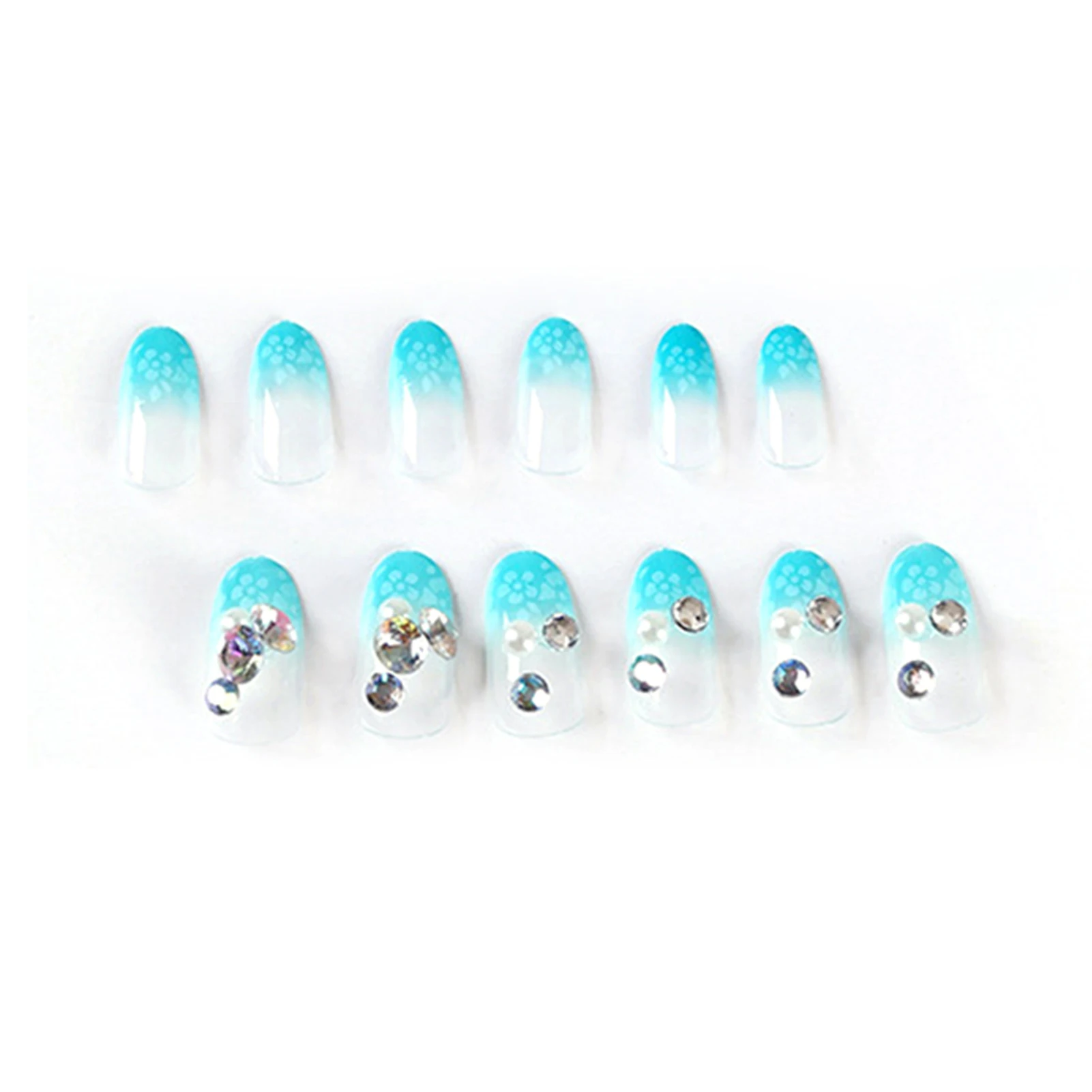 

Fake Nails Fresh Blue Diamonds Medium and Long Wear-Resistant Nail Stickers Finished Nail Stickers 24 Pcs With Glue