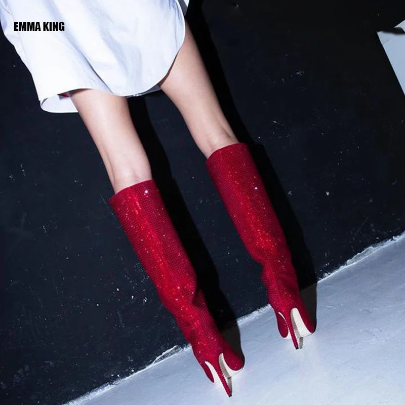 

Модные женские блестящие стразы, сценические сапоги, женские сапоги выше колена с кристаллами, на тонком каблуке, с острым носком, на высоко...