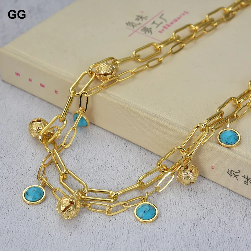 GG Jewelry 17'' 2 Strands Gold Plated Small Bell Blue Turquoise Coin Pendant Chain Necklace | Украшения и аксессуары