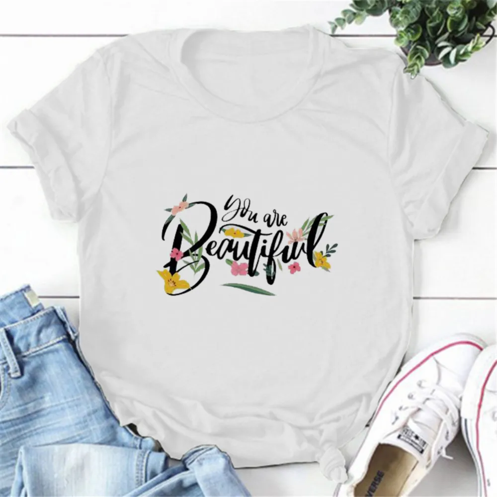 

Harajuku Letters Beautiful Print Women Tshirt Summer Flower Graphic Loose Soft Tops Casual O-neck Short Sleeve Basic Tee Shirt