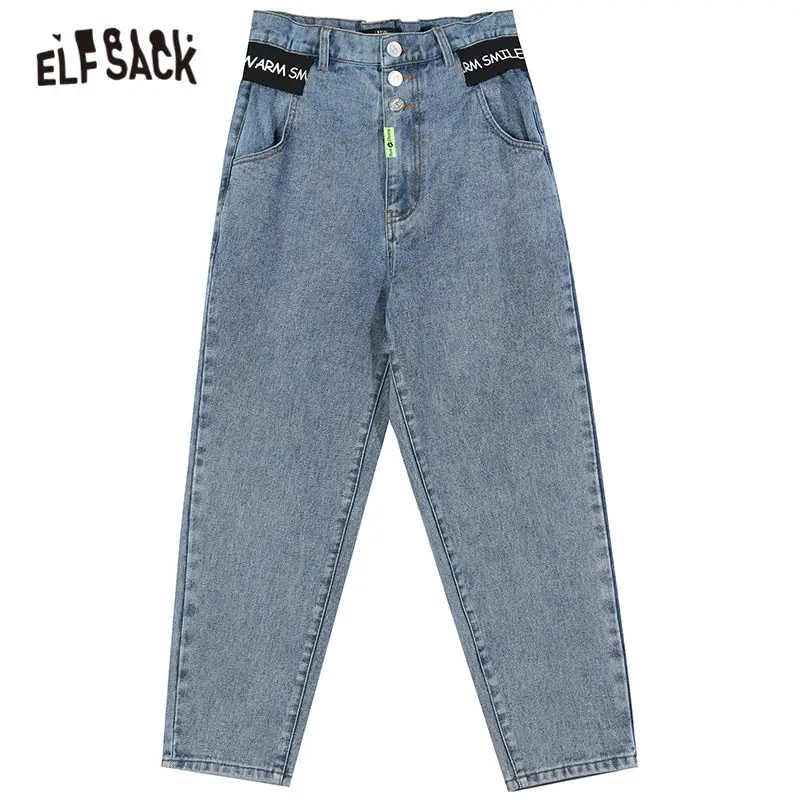 

ELFSACK Blue Solid Pure High Waist Washed Casual Women Denim Jeans,2020 Winter ELF Korean Female Daily Basic Flare Trousers