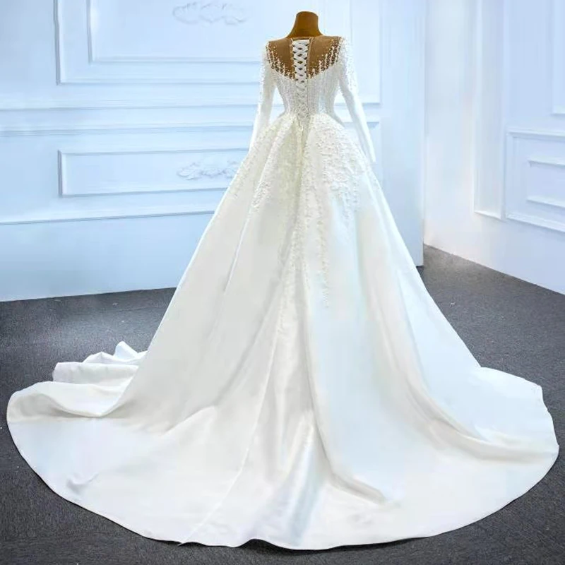 J67215 JANCEMBER Elegant White Wedding Dresses 2020 Long Sleeve Satin Sexy V-Neck Pearls Beading A-Line