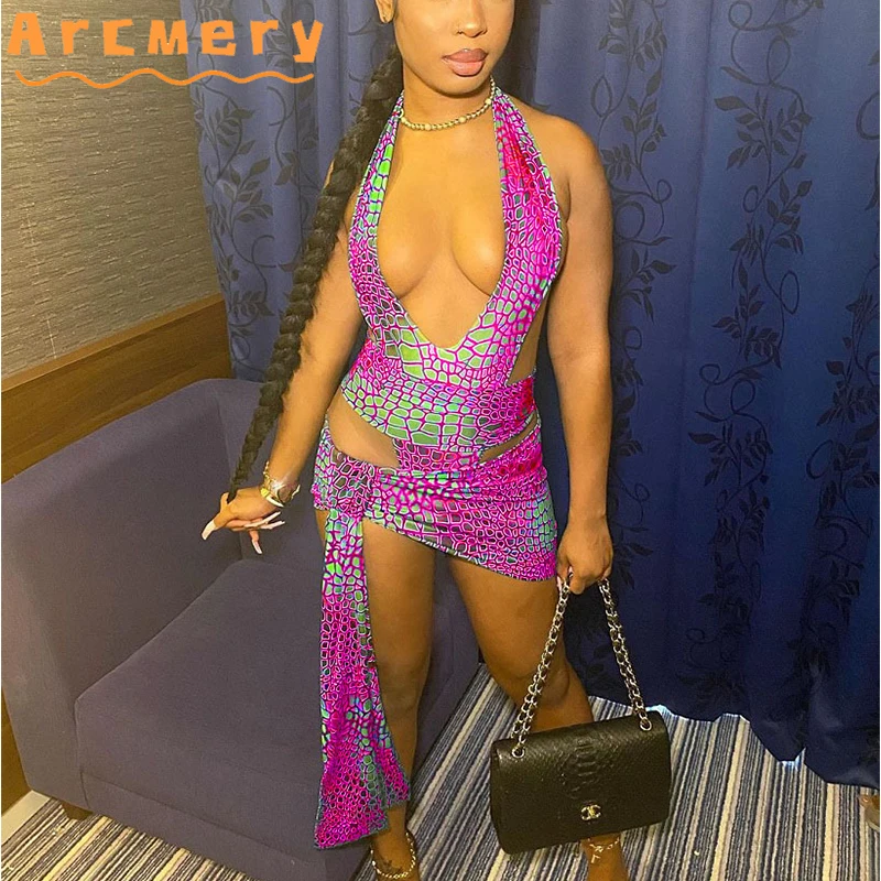 

Two Pieces Sets Women Printed Plunge V-neck Backless Top & Bodycon Skirts