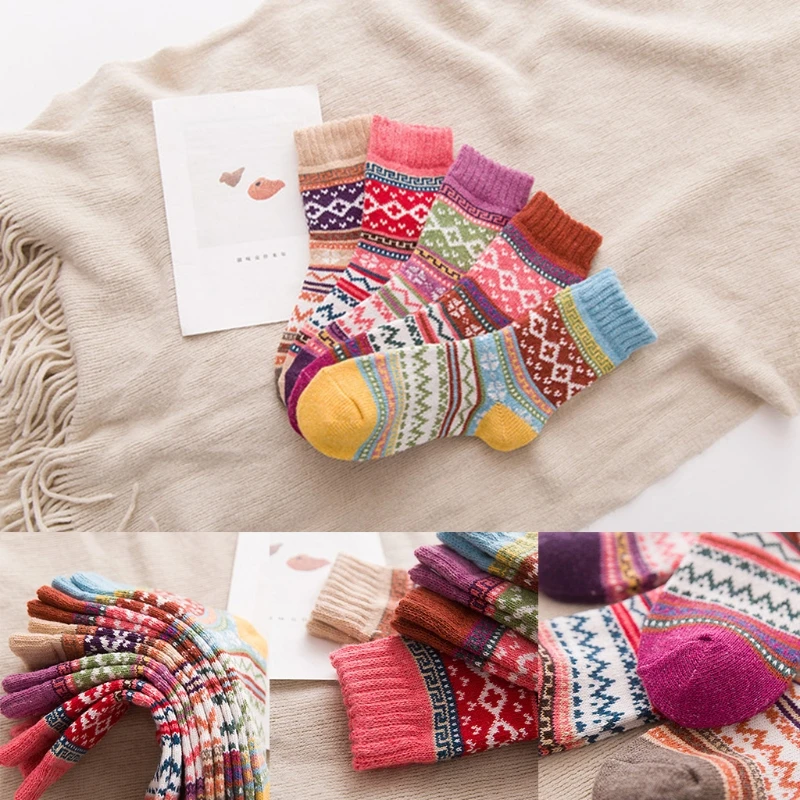 

5 Pairs Women Vintage Thick Warm Knitted Crew Socks Ethnic Multicolor Geometric Striped Print Cotton Casual Hosiery Gift