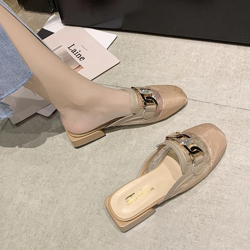 

Mules femme Gauze Baotou slipper New summer 2021 rhinestone Chain decoration Thick heel Sandals Outdoor wear Women's Shoes