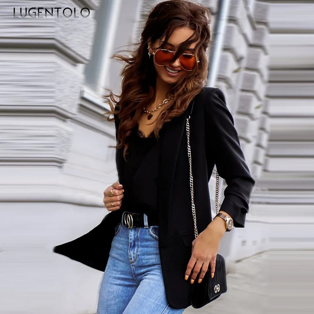 

Lugentolo 2020 Autumn Women's Elegant Blazer Long-Sleeved Small Suit Cardigan Solid Temperament Slim Lady Simple Blazers