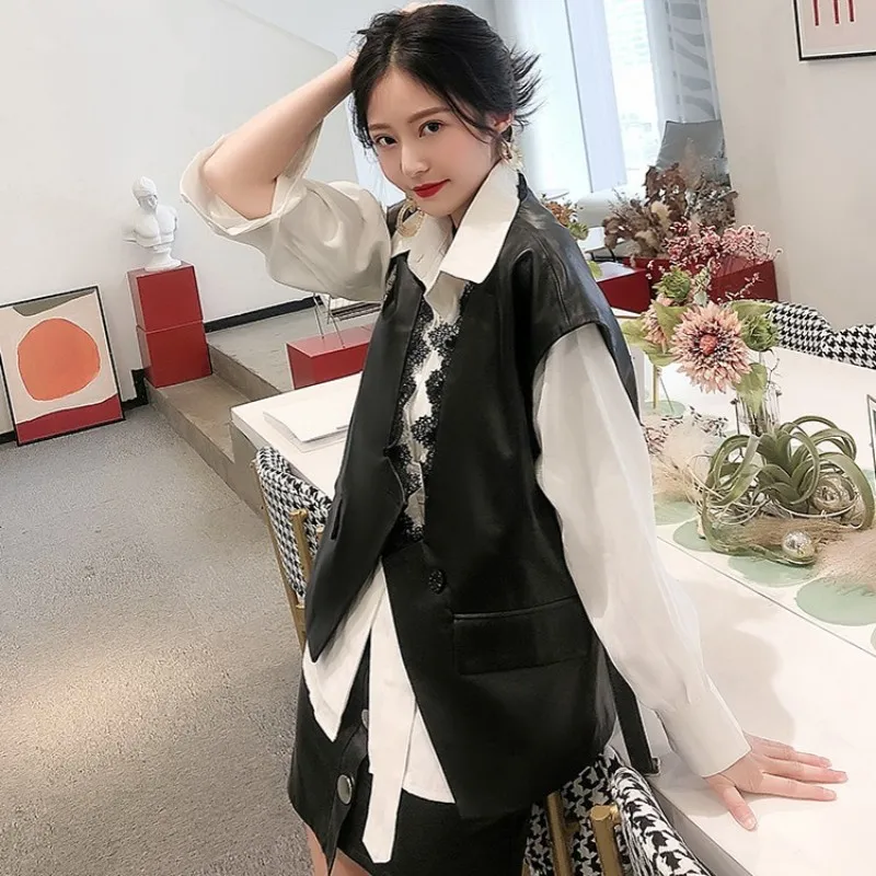 

Elegant Lace Patchwork Slim Sheepskin V-Neck Vest Women Streetwear Single Button Waistcoat 100% Real Leather Sleeveless Jacket