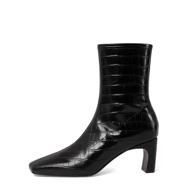 

Retro Stone Pattern Cowhide Martin Boots 2020New Square Toe Side Zipper Temperament Short Boots Women Thick Heel High Heel Boots