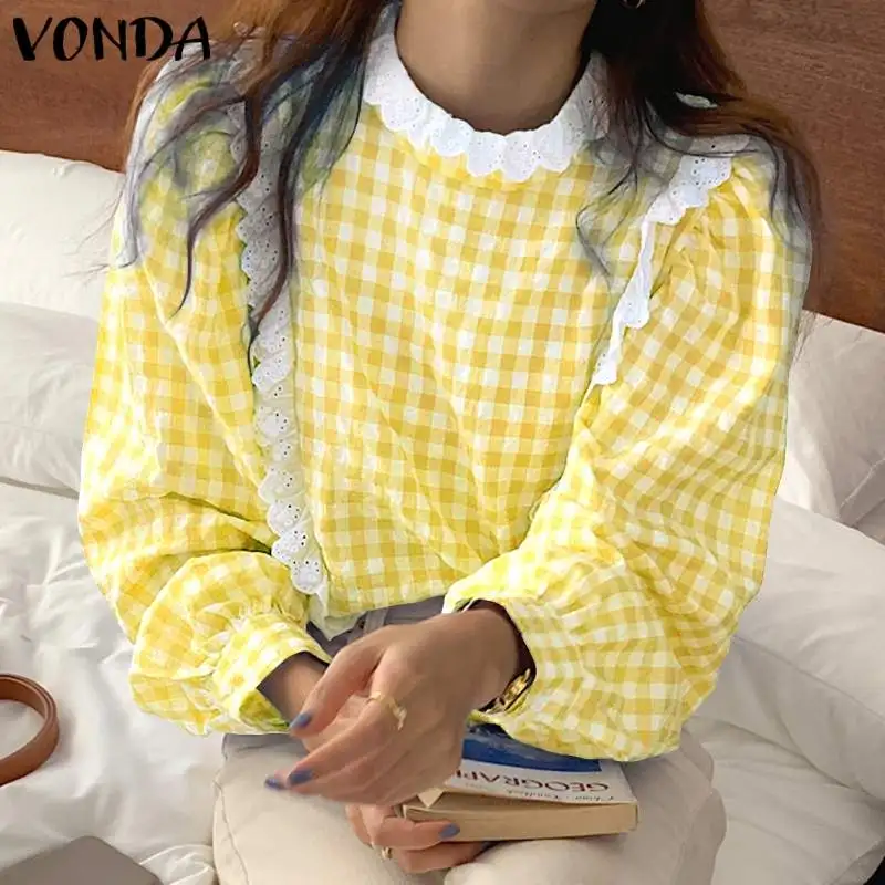 

VONDA 2022 женские богемные клетчатые топы, Весенняя блузка с рукавами-фонариками, богемные топы для вечерние, женские блузы, женские рубашки дл...