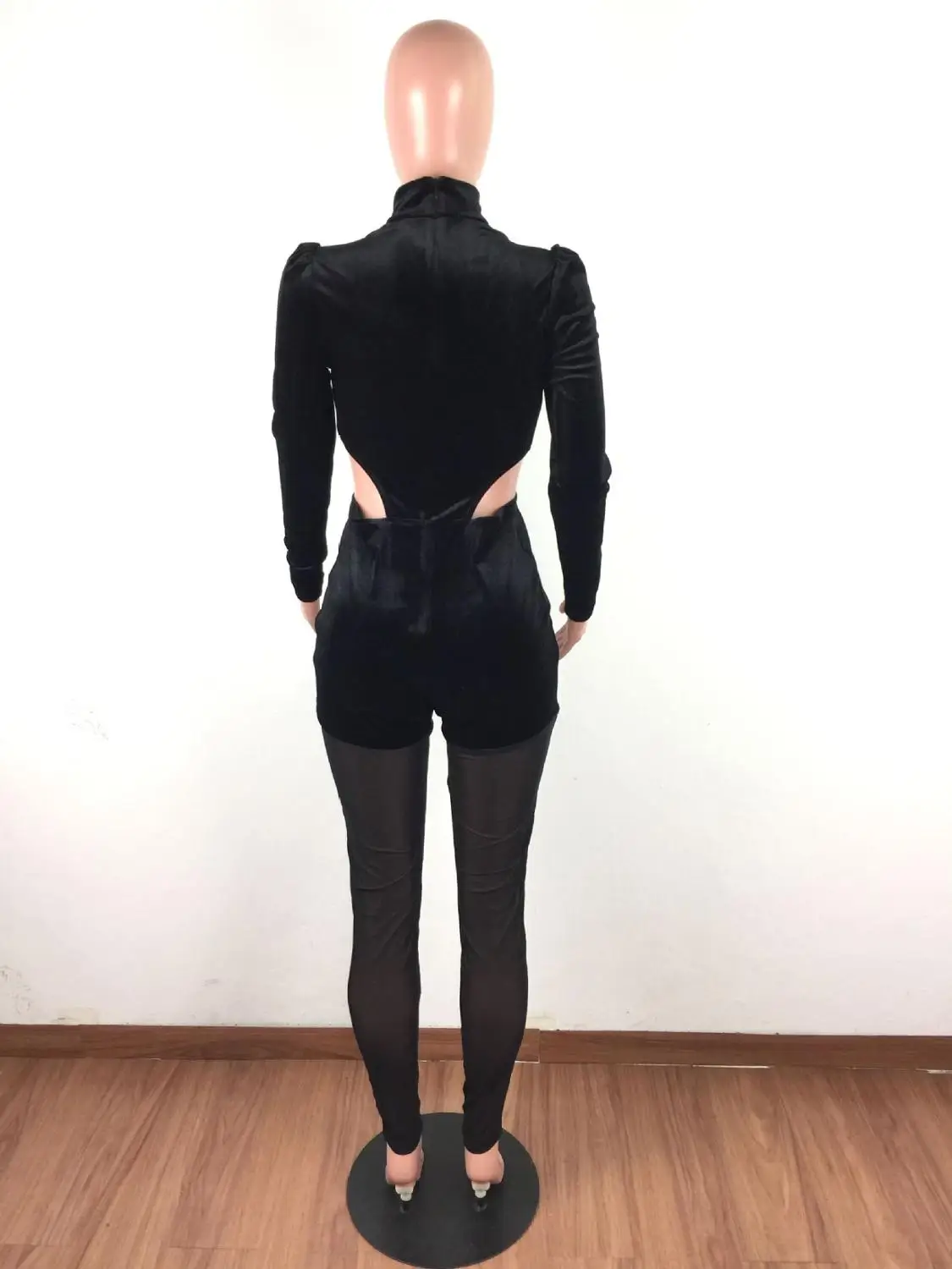 Женский бархатный комбинезон в стиле пэчворк прозрачный сетчатый с пышными