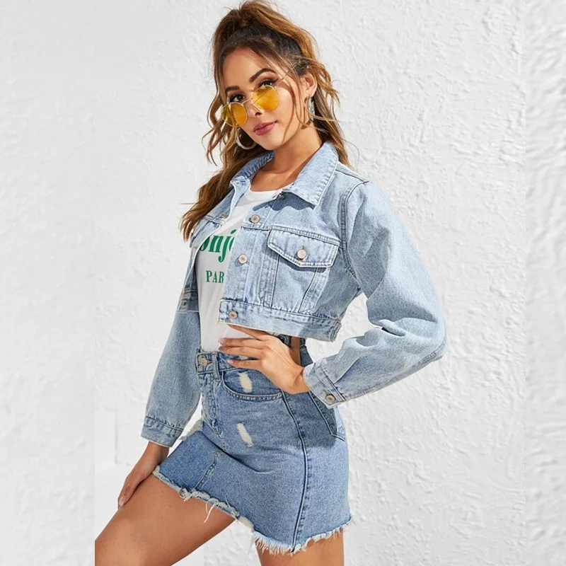 

S009 Women's Fashion Short Retro Jeans Cropped Long Sleeve Female Denim Jackets Vintage Street Motorcycle Coats