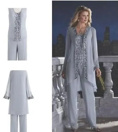 Костюм для матери невесты и жениха из 3 предметов серебристое шифоновое пляжное