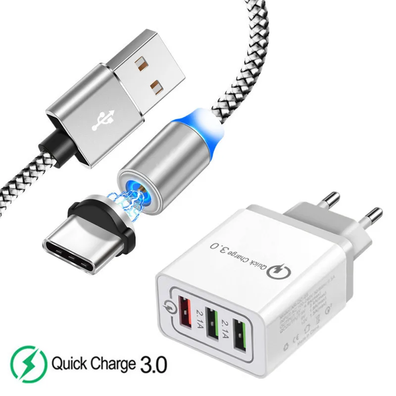 EU charger and cable Для samsung galaxy 2 A40 A50 A70 A20 A90 S8 S9 A7 A5 телефон QC 3,0 быстрое зарядное устройство& Магнитный Тип C USB светодиодный светильник кабеля - Тип штекера: EU charger and cable