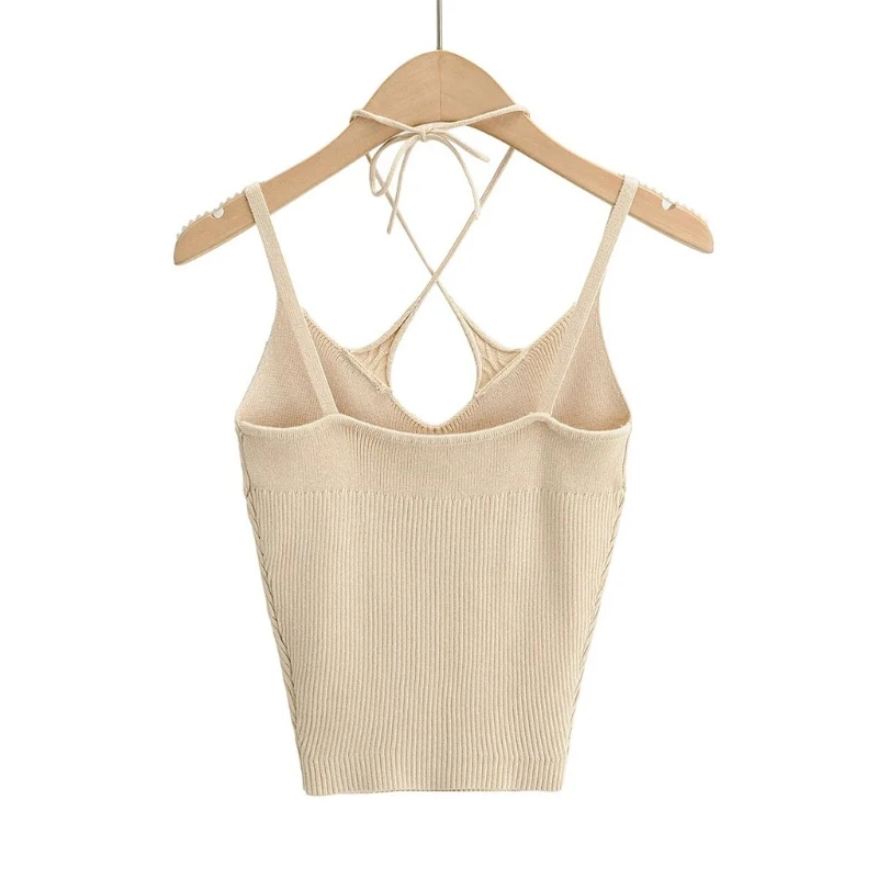 

Women Summer Knitted Spaghetti Strap Crop Top 2 Ways Wear Halter Strappy Camisole Sexy Deep V-Neck Slim Vest Streetwear MXMB