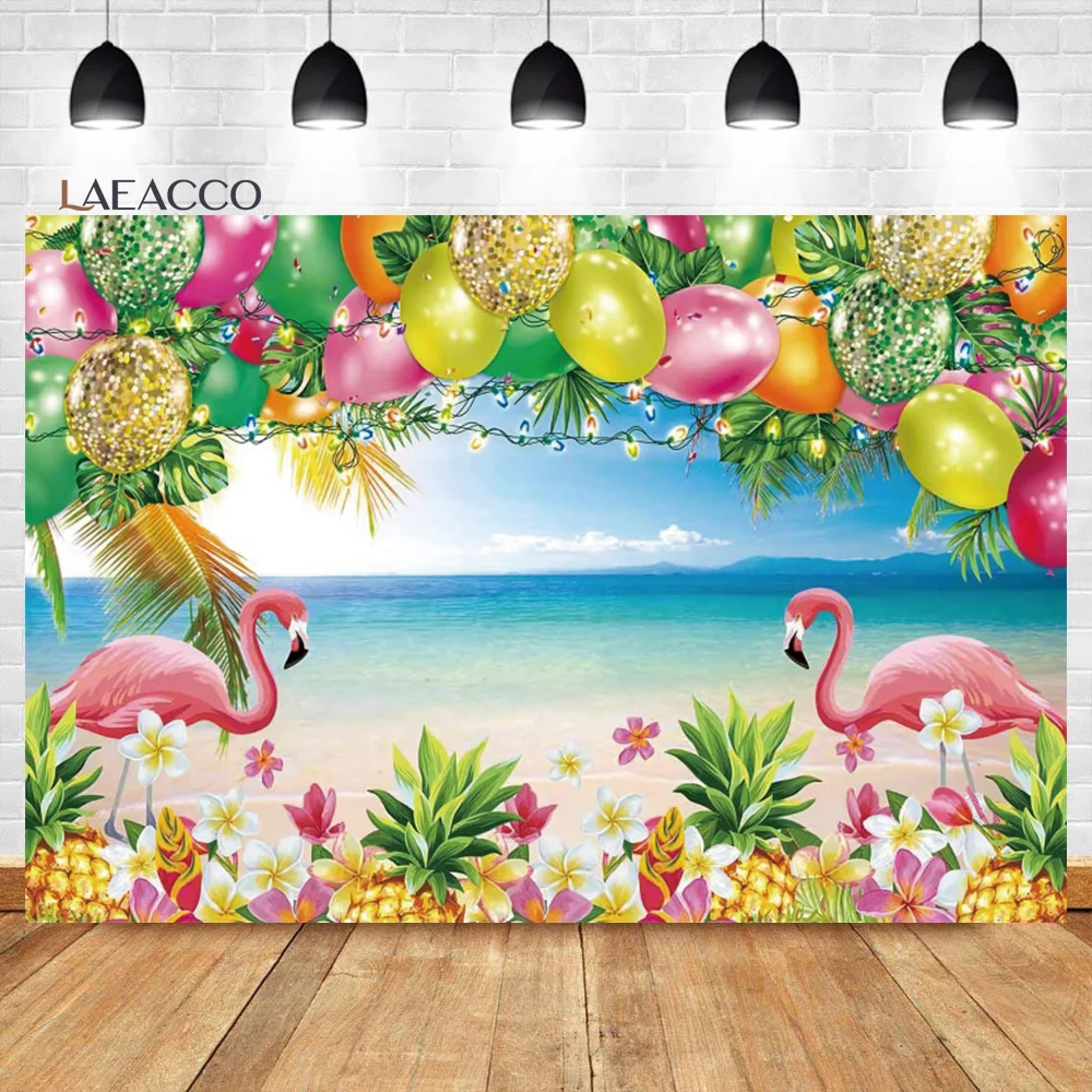 

Laeacco Summer Tropical Beach Backdrop Red Flamingo Balloon Kids Birthday Baby Shower Customized Portrait Photography Background