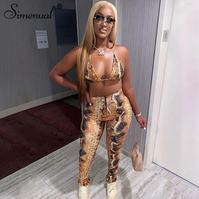 

Simenual Sexy Hot Club Bodycon Women Two Piece Sets Bralette And Leggings Zipper Party Fashion Printed Sleeveless Co-ord Outfits