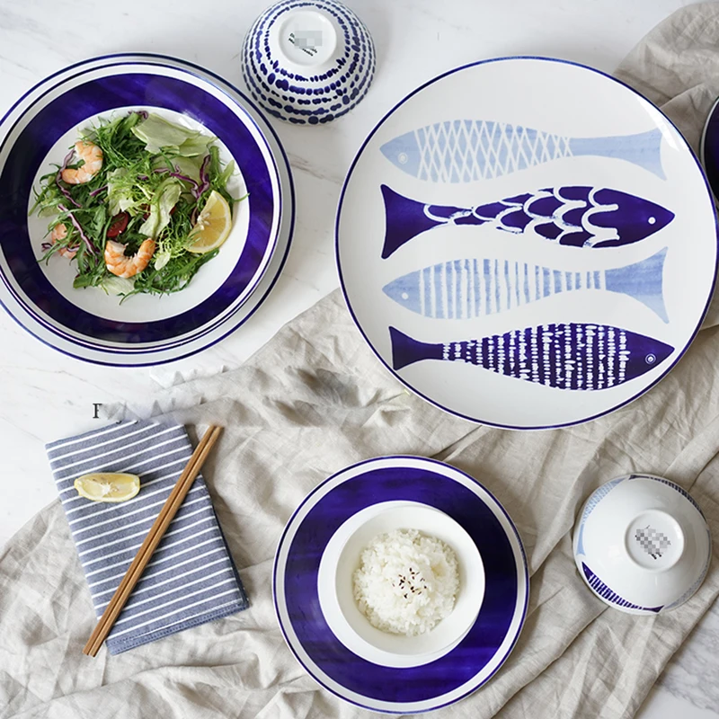 

Nordic Style Dinner Plates Service De Table Assiette Blue Cake Trays Western Steak Tray Handcraft Ceramics Dishes Kitchen Plate