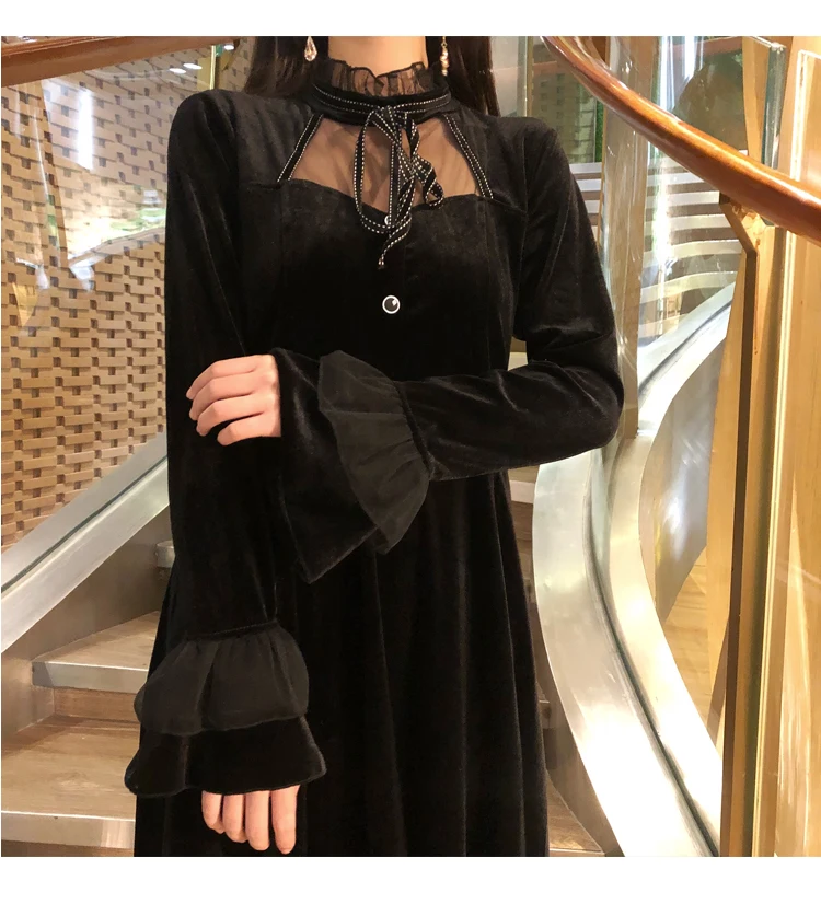 Новое поступление Осеннее винтажное модное платье с длинным рукавом черное