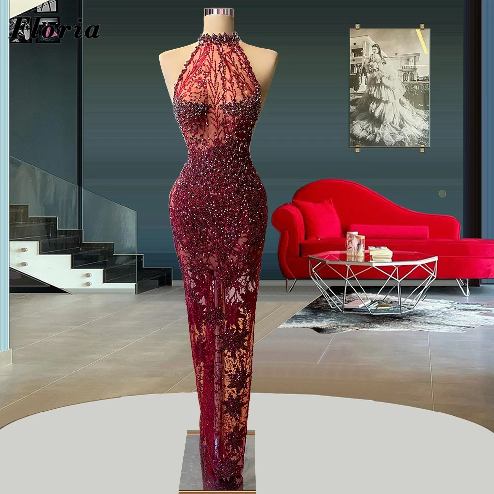 

Женское вечернее платье с бисером, темно-красное