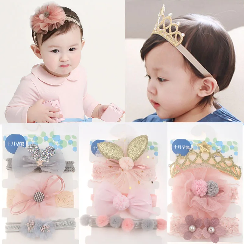 

Nishine 3pcs/lot Baby Crown Flower Headband Girl Lace Bows Cartoon Headwear Elastic Kids Hair Bands Photography Props Gifts Set