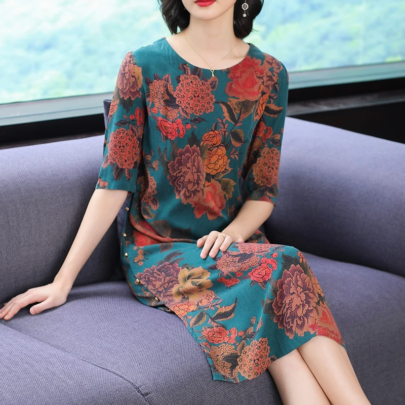 2020 Silk Women's Summer Midi Floral Dress Casual Vintage Ladies Dresses Party Elegant Vestidos De Verano 1404 | Женская одежда