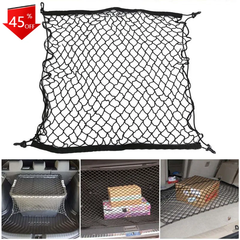 

70 X 70cm Universal Car Trunk Net Luggage Storage Cargo Organizer Nylon Stretchable Elastic Mesh Net with 4 Plastic Hooks