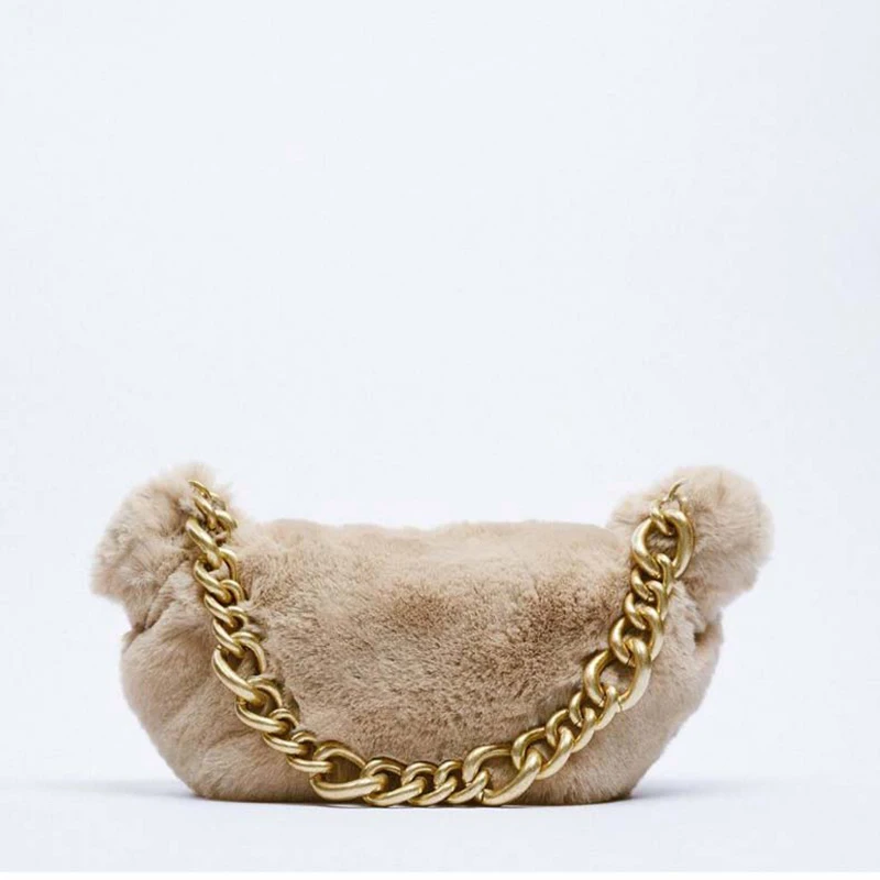 

Fall Winter New Product Plush Bags Brown Metal Chain Ornament Faux Fur Fur Fashion Luxury High-quality Shoulder Armpit Bag Women