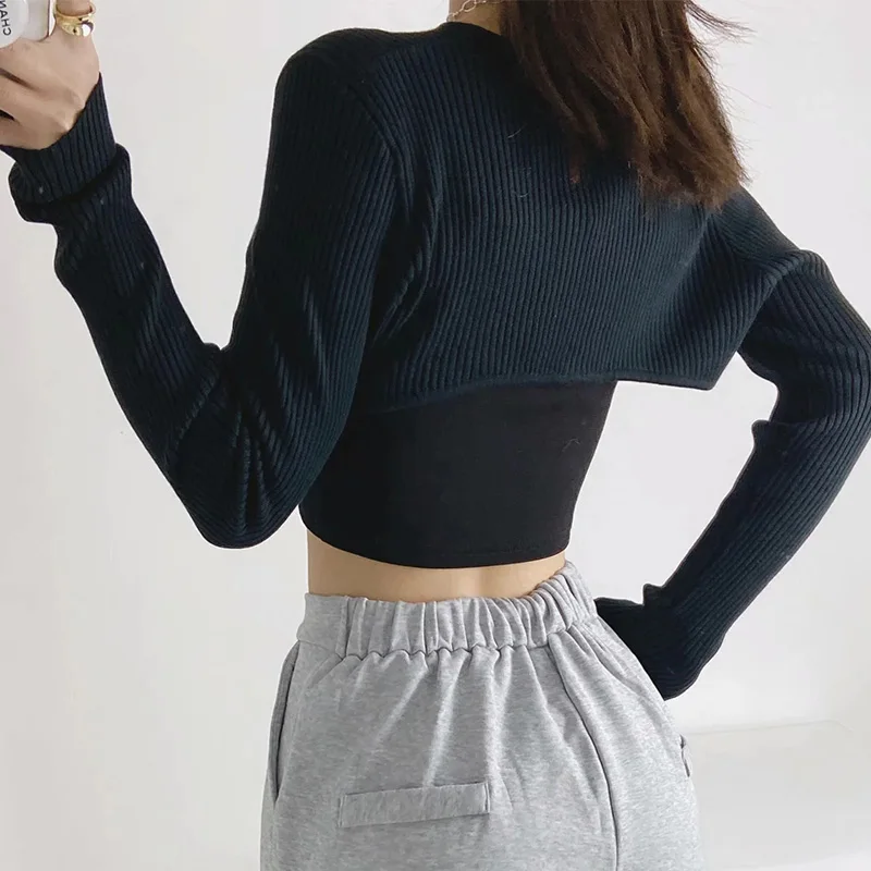 

Spring Women's Knitted Tops Two Pieces Smock Long Sleeves Female Solid Knitwears O neck Elegant Crop Tops Casual Slim Sexy 2021