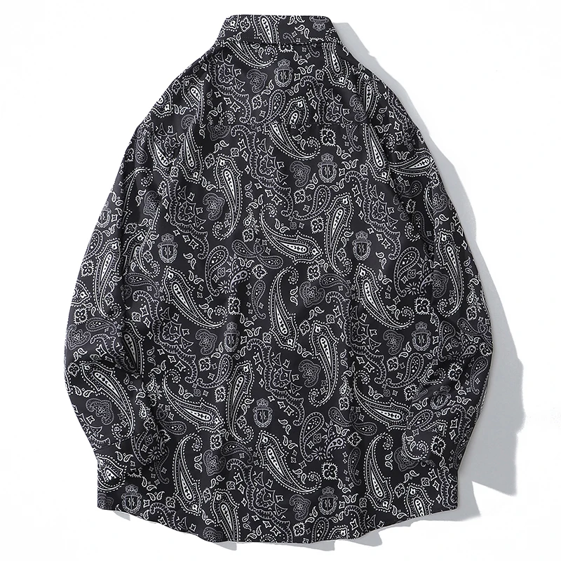 Harajuku Bohemia Shirts Mens Paisley Print Hip Hop Button Down Longsleeve Shirt For Men Streetwear Fashion Hawaiian Beach Tops