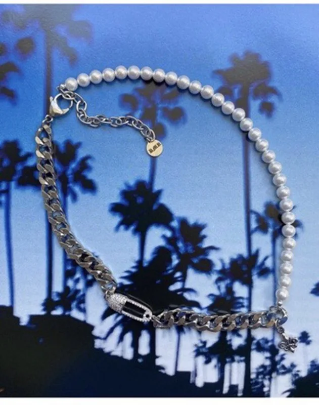 

Small personality Cuban Cross Pendant / Pearl Chain Pin Necklace / clavicle chain for men and women