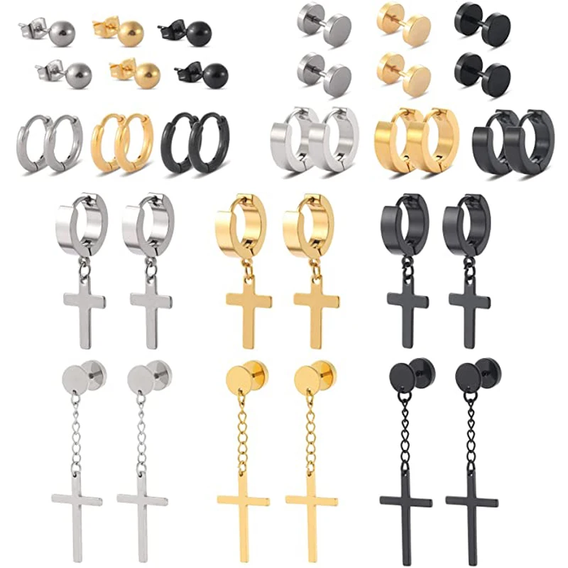 

18 пар, комплект серег-гвоздиков из нержавеющей стали