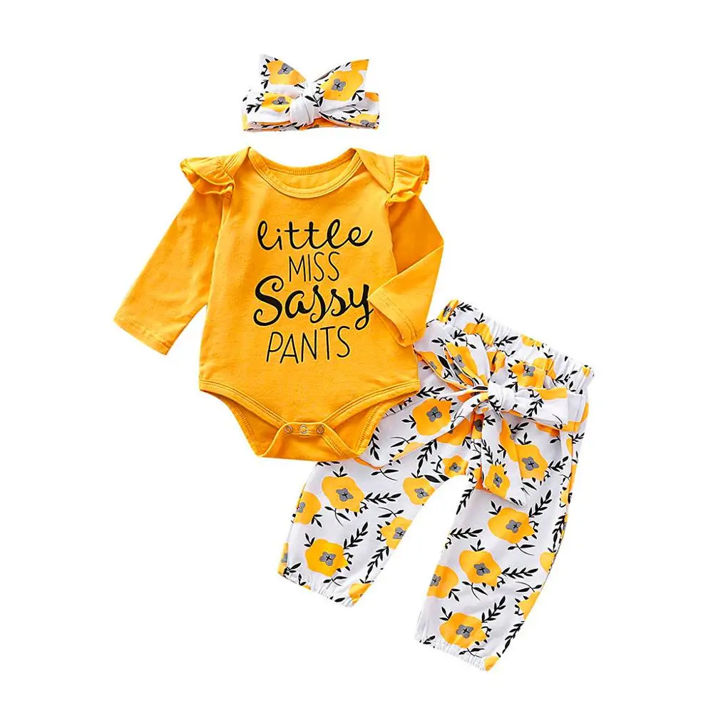 Baby E-Yellow Комплект из 3 предметов, Одежда для новорожденных девочек, комбинезон для маленьких девочек, топ+ длинные штаны с цветочным принтом+ повязка на голову, осенняя одежда для детей 0-24 месяцев - Цвет: Baby E-Yellow