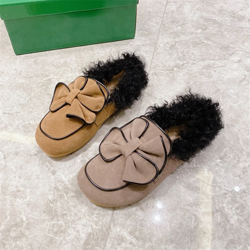 

Womens Genuine Leather Real Lambswool Fur Flats Round Toe BowKnot Shoes Loafers Slip on Warm Winter 3Colors Girls New 2022 SONDR