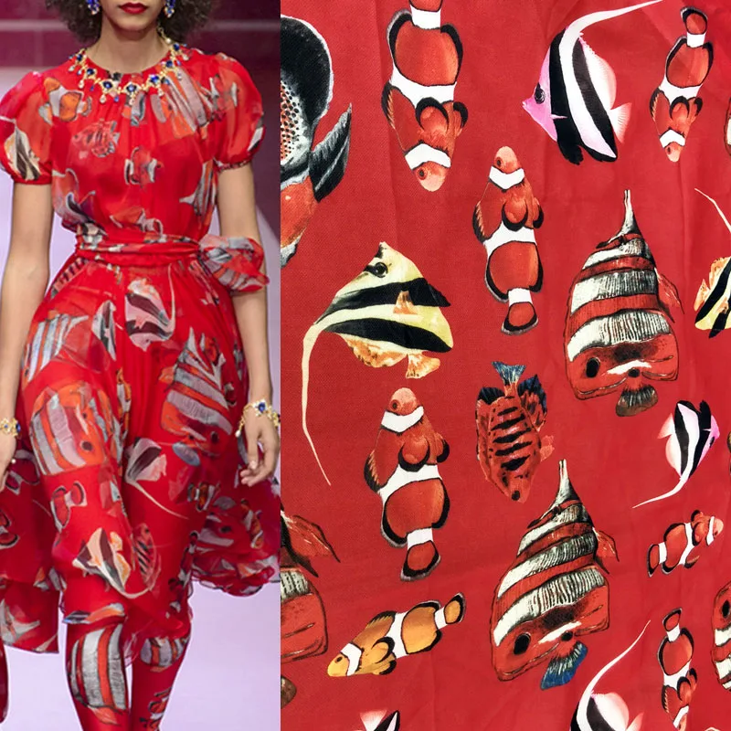 

Fashion Tropical Fish Red Thin Chiffon Fabric for Woman Girl Summer Dress Blouse Pants Tessuto Tissu Tela DIY Cloth Sewing