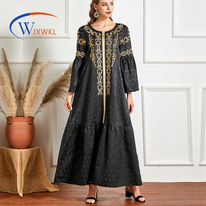

WJXWKL 2021 Plus Large Size Islamic Kaftan Women's Spring Autumn Round Neck Embroidered Casual Simple Jacquard Dress