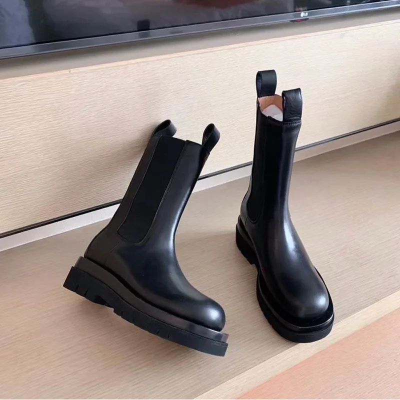 

Женские кожаные сапоги Челси на платформе, демисезонные сапоги на плоской подошве, до середины икры, с круглым носком, на высоком каблуке, в ...