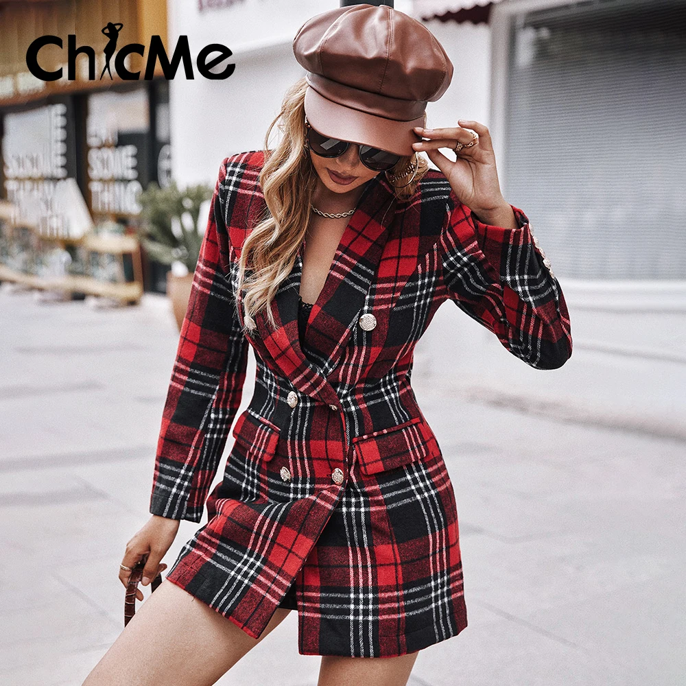 Chicme Women Retro Plaid Pattern Colorblock Double Breasted Longline Blazer Coat Notched Collar Long Sleeve Tops Casual Elegant